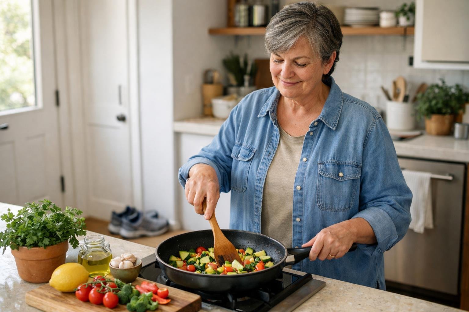 Frisches Gemüse kochen und Wanderschuhe an der Tür: Alltag mit gesundem Blutdruck