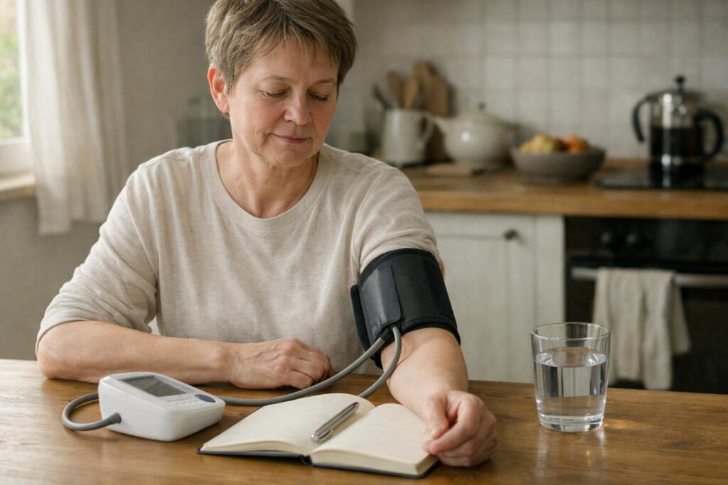 Blood pressure measurement on the upper arm at the kitchen table